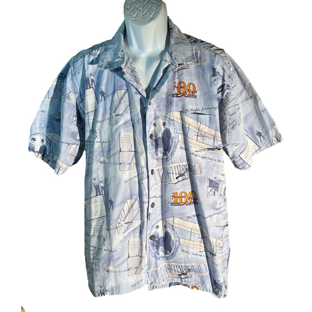 MAX BOXER Men's Short Sleeve Button Down 100 Years Of Flight Shirt‎ Blue Large